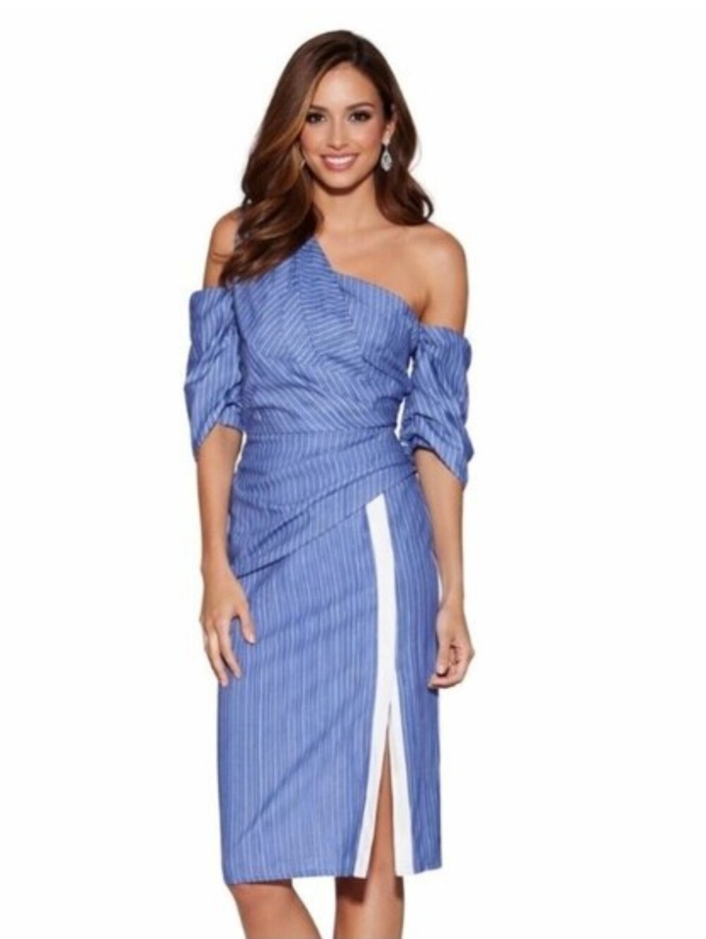 Dabney Charlton Blue & White Striped One Shoulder Asymmetric Midi Dress